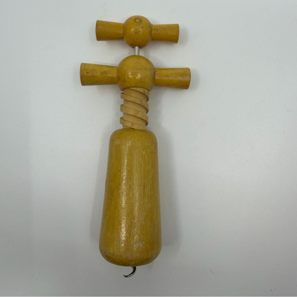 Vintage Wooden Mechanical Corkscrew Wine Opener Mid Century Barware
